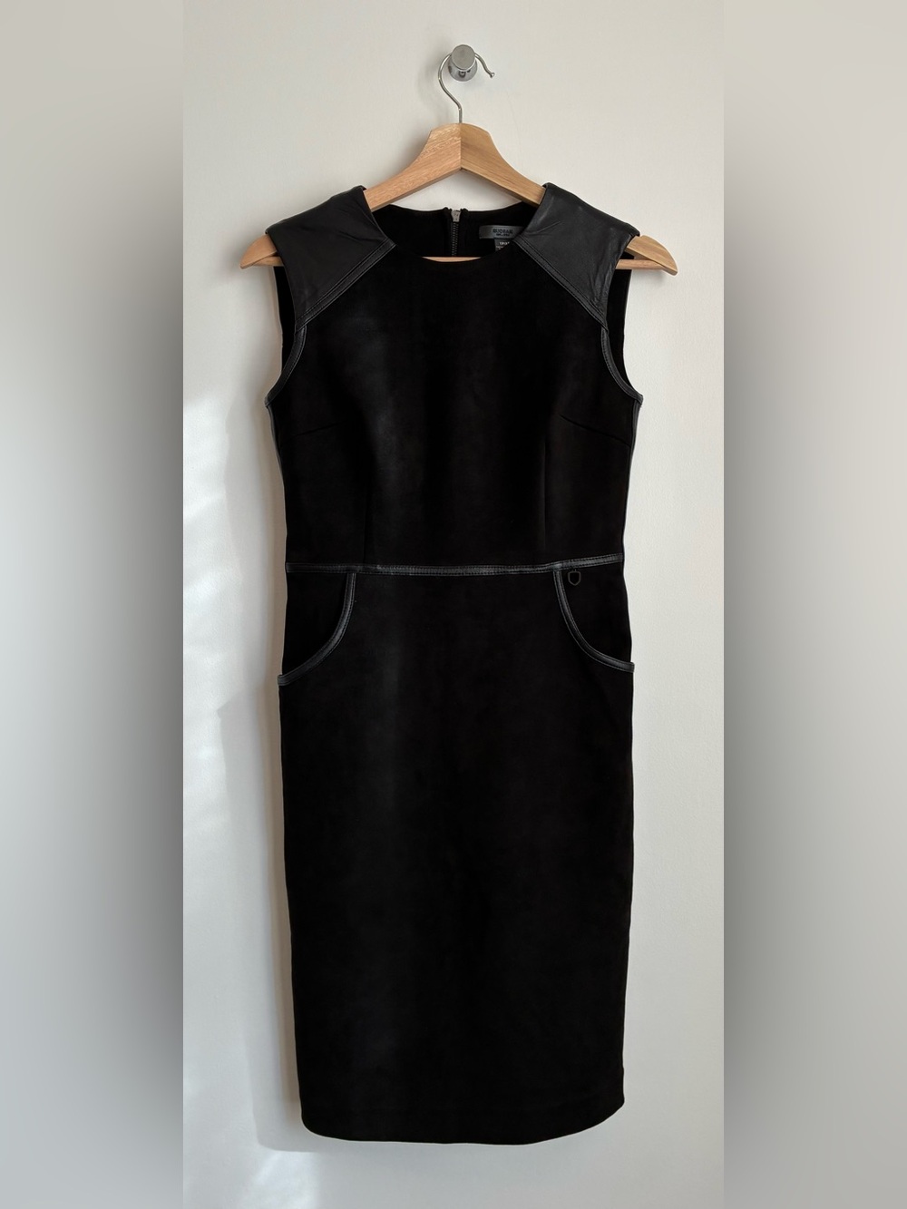 RUDSAK Black Genuine Leather Trim Sheath Dress Exposed Zipper XS